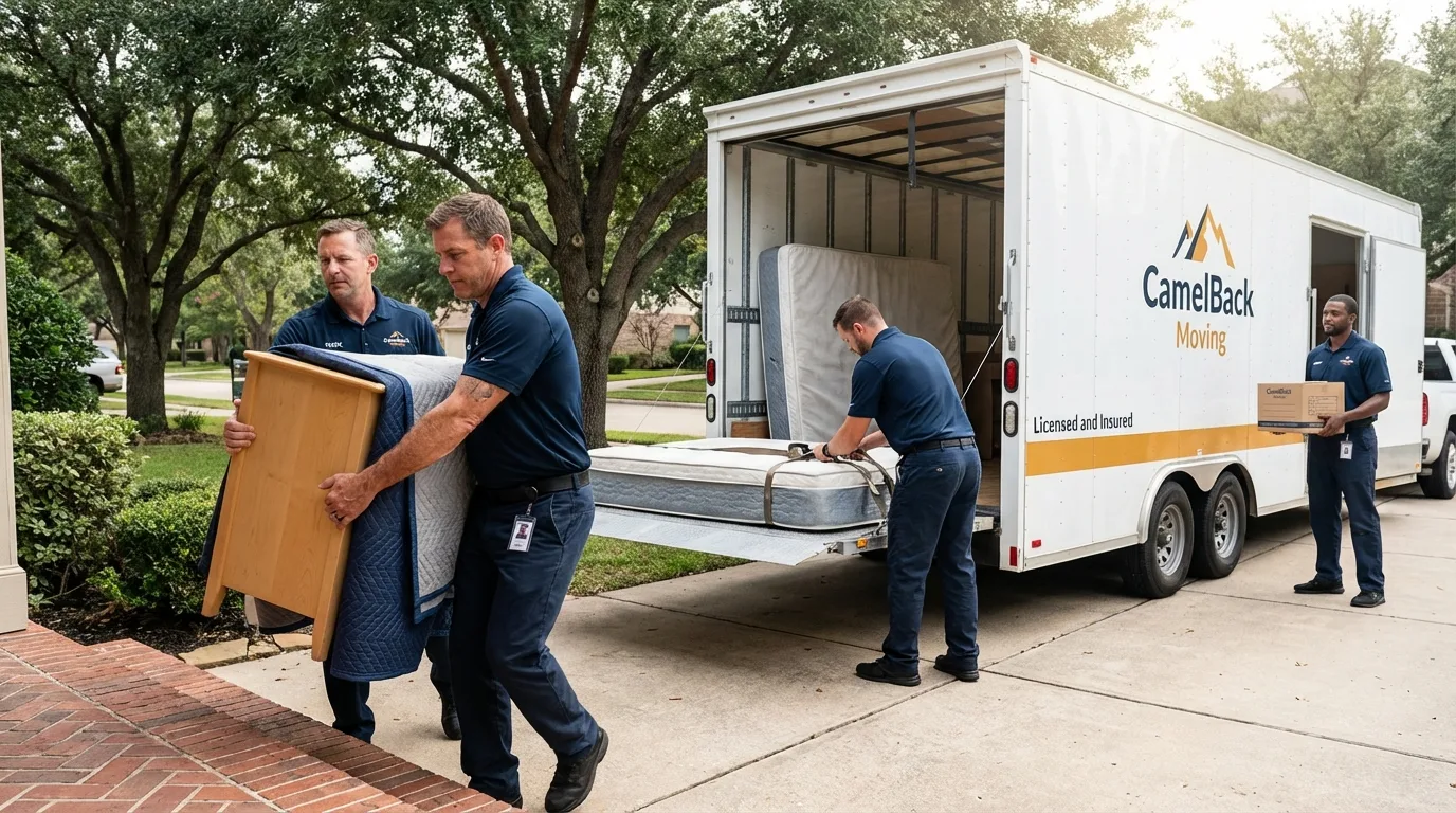 Crew loading residential truck for cross-state move from Deer Park, TX