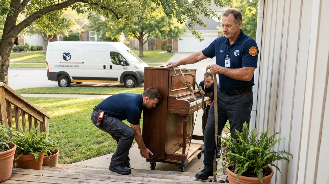 Licensed piano movers securing grand piano in Deer Park, TX